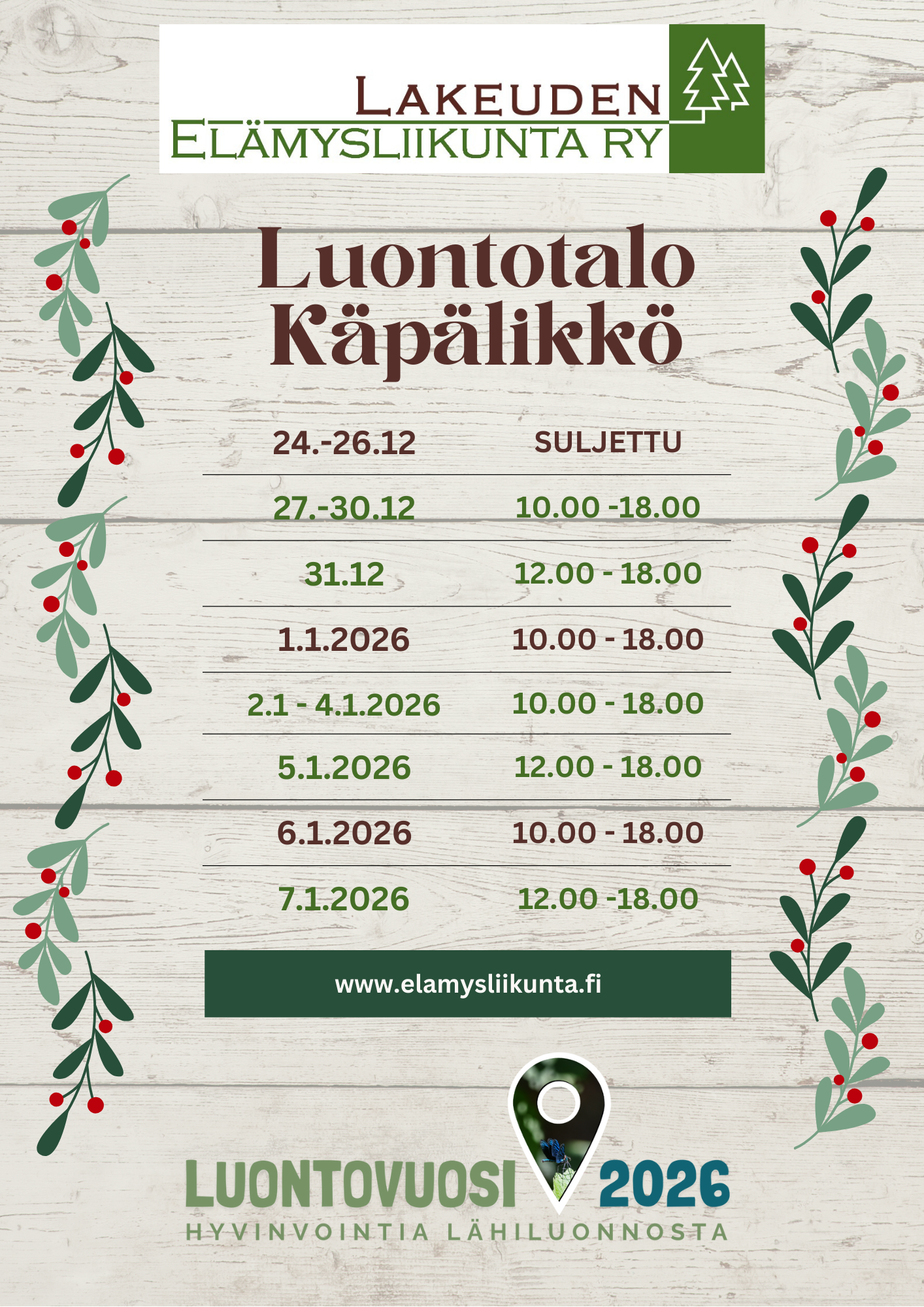 Luontotalo Käpälikön aukioloajat